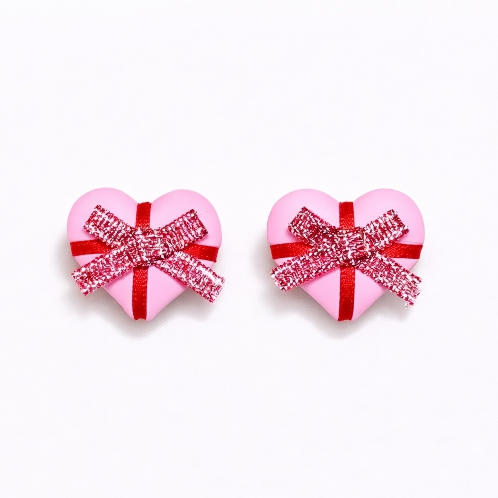 Pink Heart Hair Clips with Red Bow